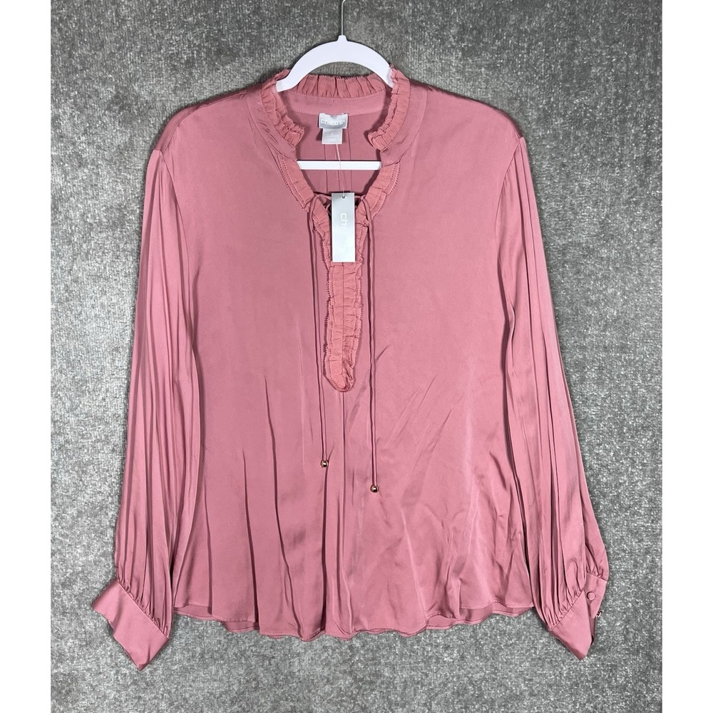 Chicos Ruffle Tie Neck‎ Sandwash Satin Popover Blouse Womens Sz 16/18 Pink Rose